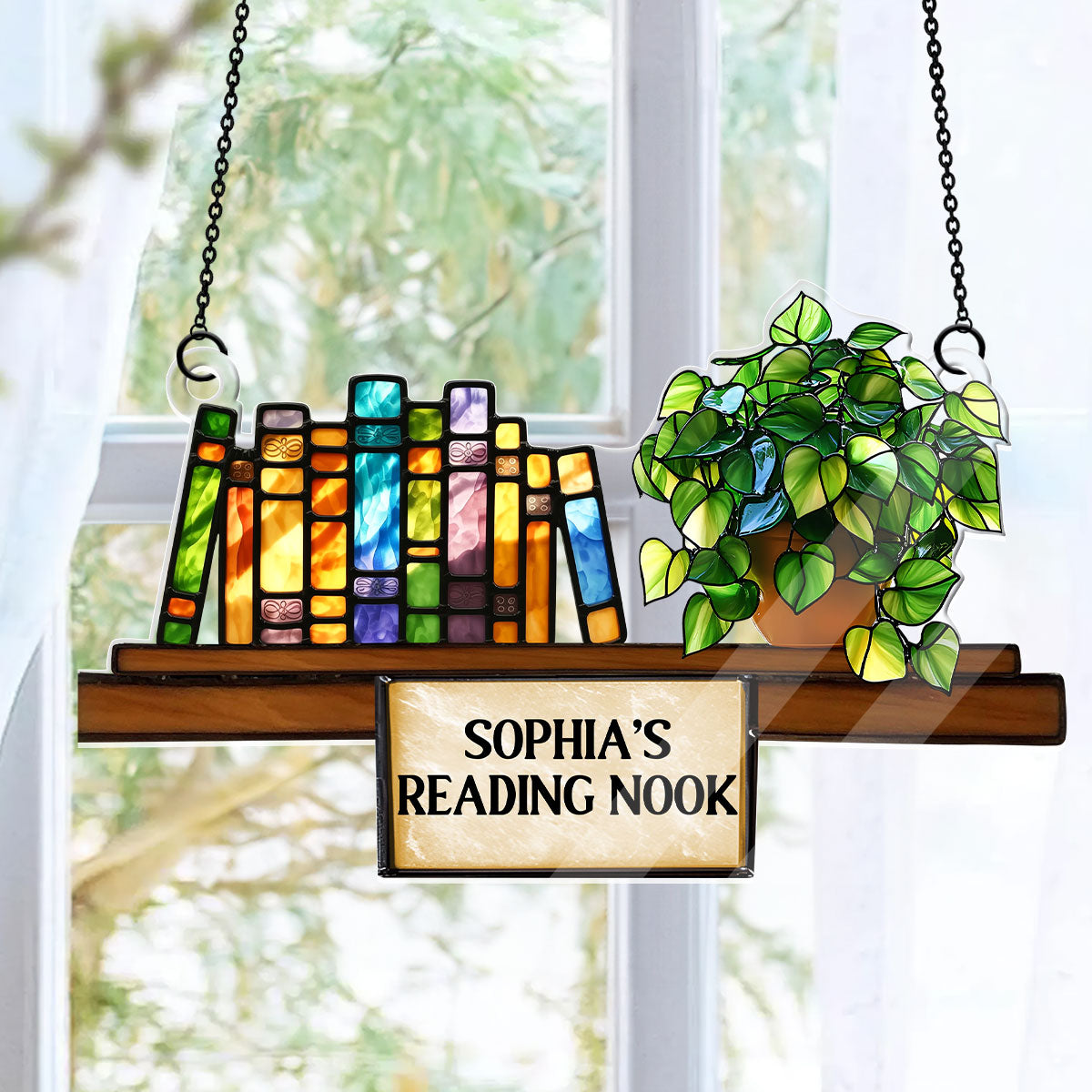 Bookshelf With Pothos Plant - Personalized Acrylic Suncatcher