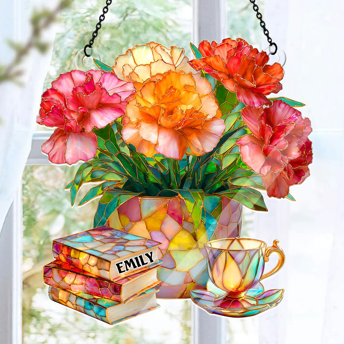 Carnation, Books, And Tea - Personalized Acrylic Suncatcher