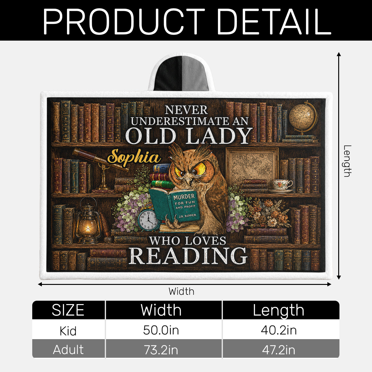 Never Underestimate An Old Lady Who Loves Reading - Personalized Wearable Hooded Blanket