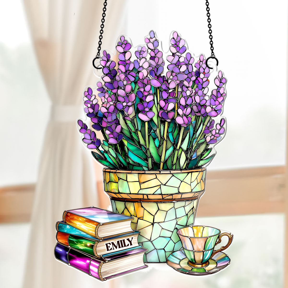 Nostalgic Lavenders, Books, And Tea - Personalized Acrylic Suncatcher