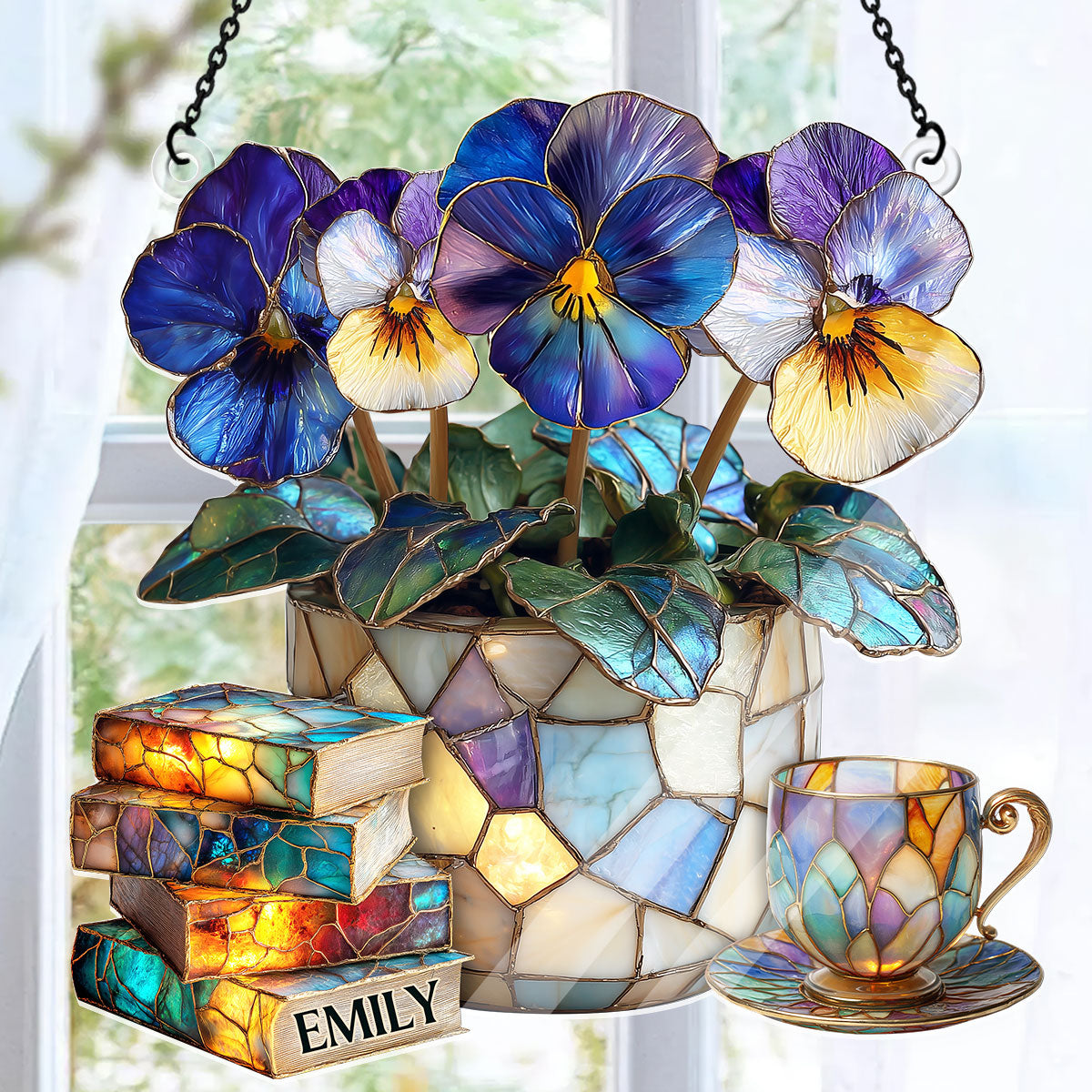 Violet, Books, And Tea - Personalized Acrylic Suncatcher