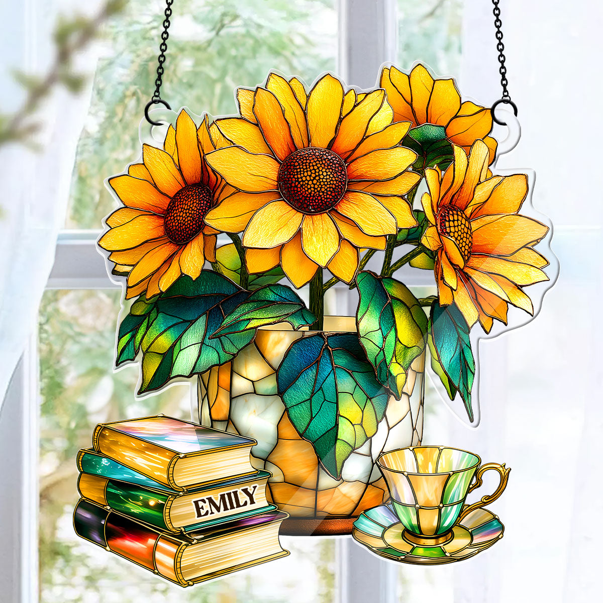 Nostalgic Sunflowers, Books, And Tea - Personalized Acrylic Suncatcher