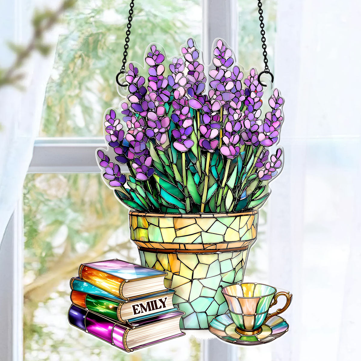 Nostalgic Lavenders, Books, And Tea - Personalized Acrylic Suncatcher
