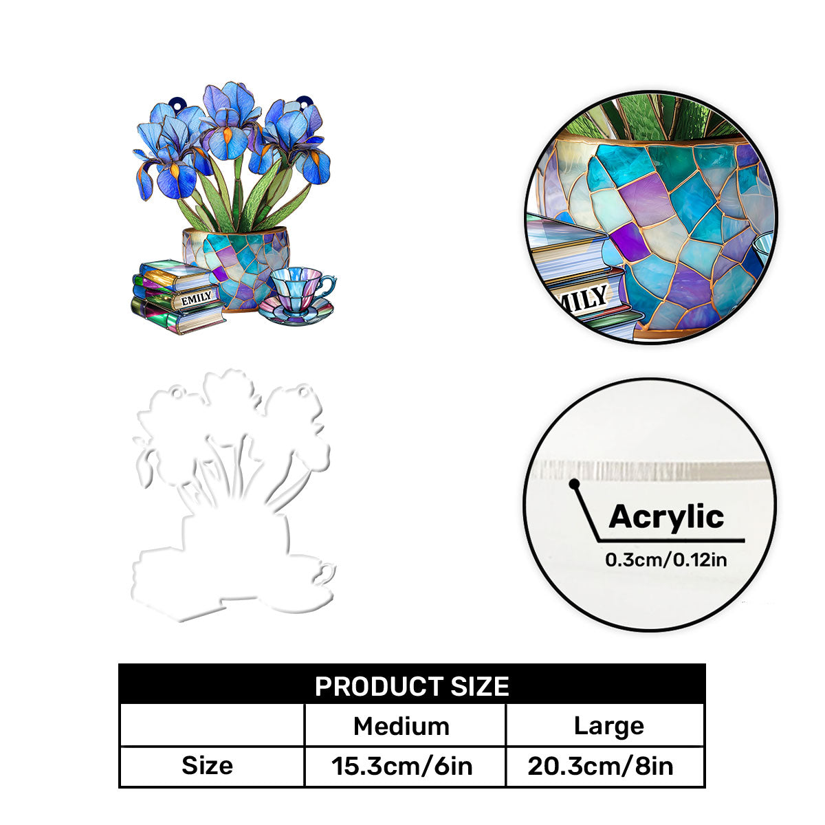 Nostalgic Iris, Books, And Tea - Personalized Acrylic Suncatcher