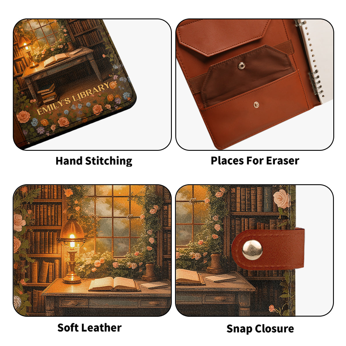 Through The Reading Window - Personalized Leather Notebook Cover With Pocket