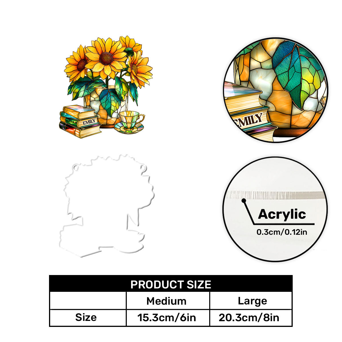 Nostalgic Sunflowers, Books, And Tea - Personalized Acrylic Suncatcher