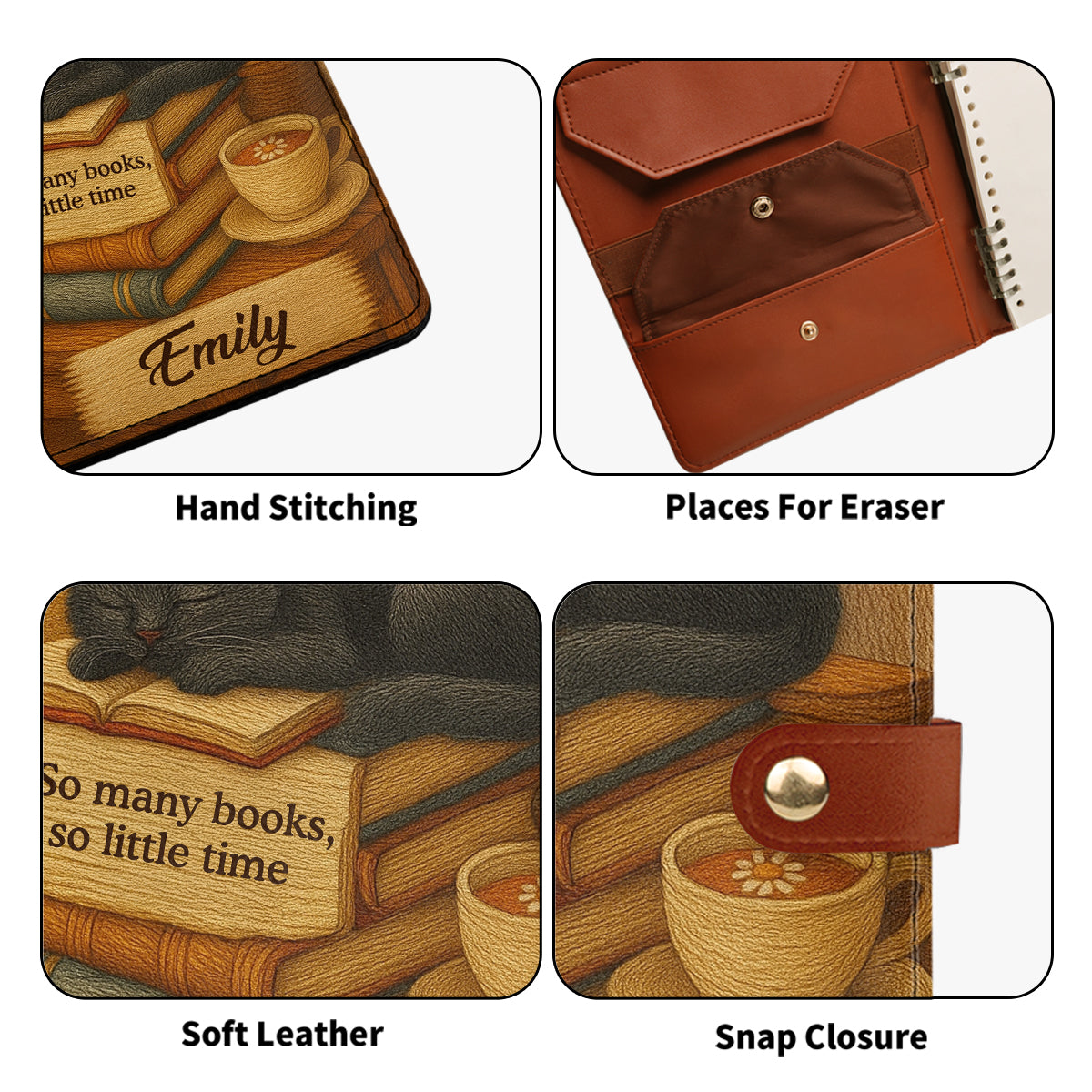 So Many Books So Little Time - Personalized Leather Notebook Cover With Pocket