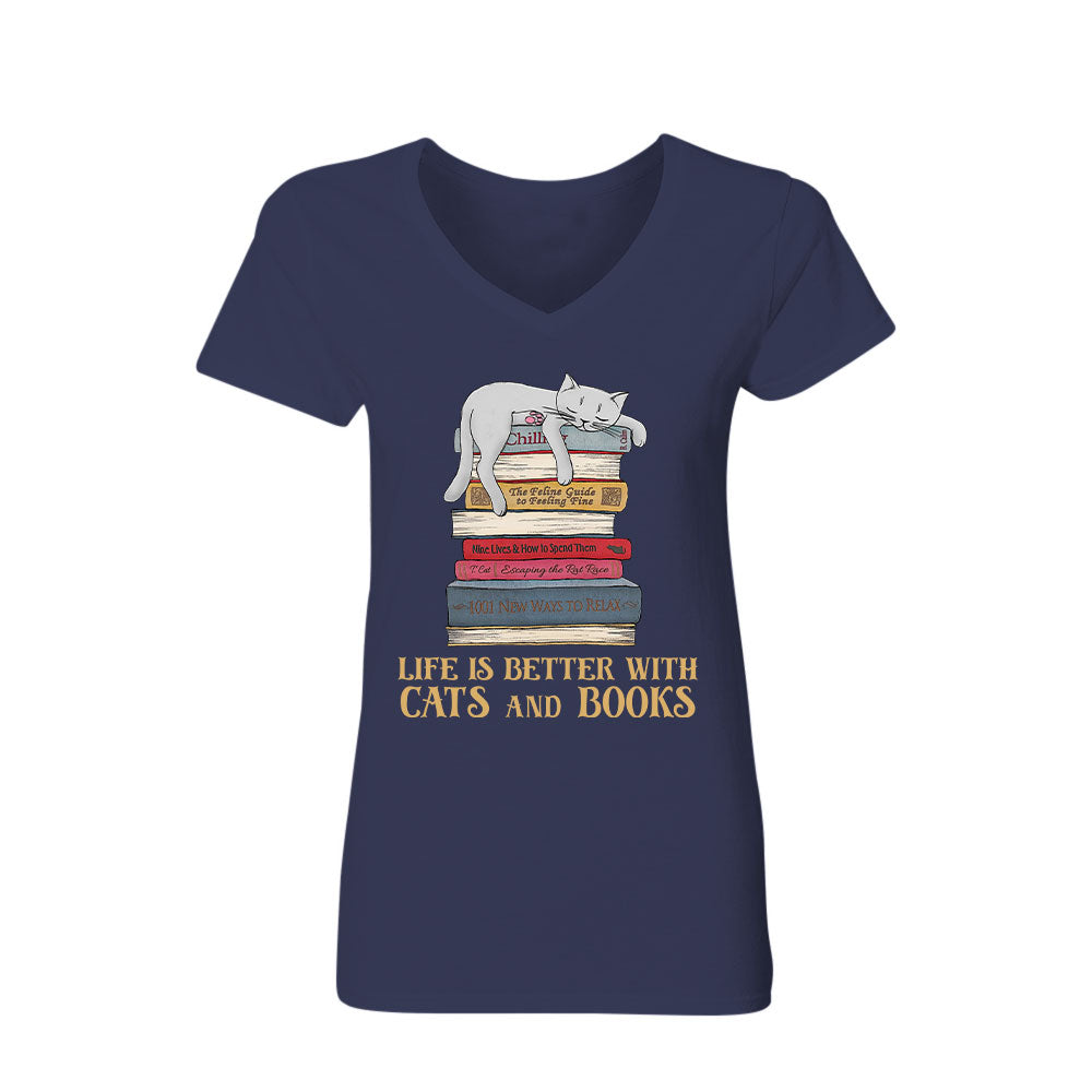 Life Is Better With Cats And Books Book Lovers Gift Women's V-neck T-shirt TSVB72
