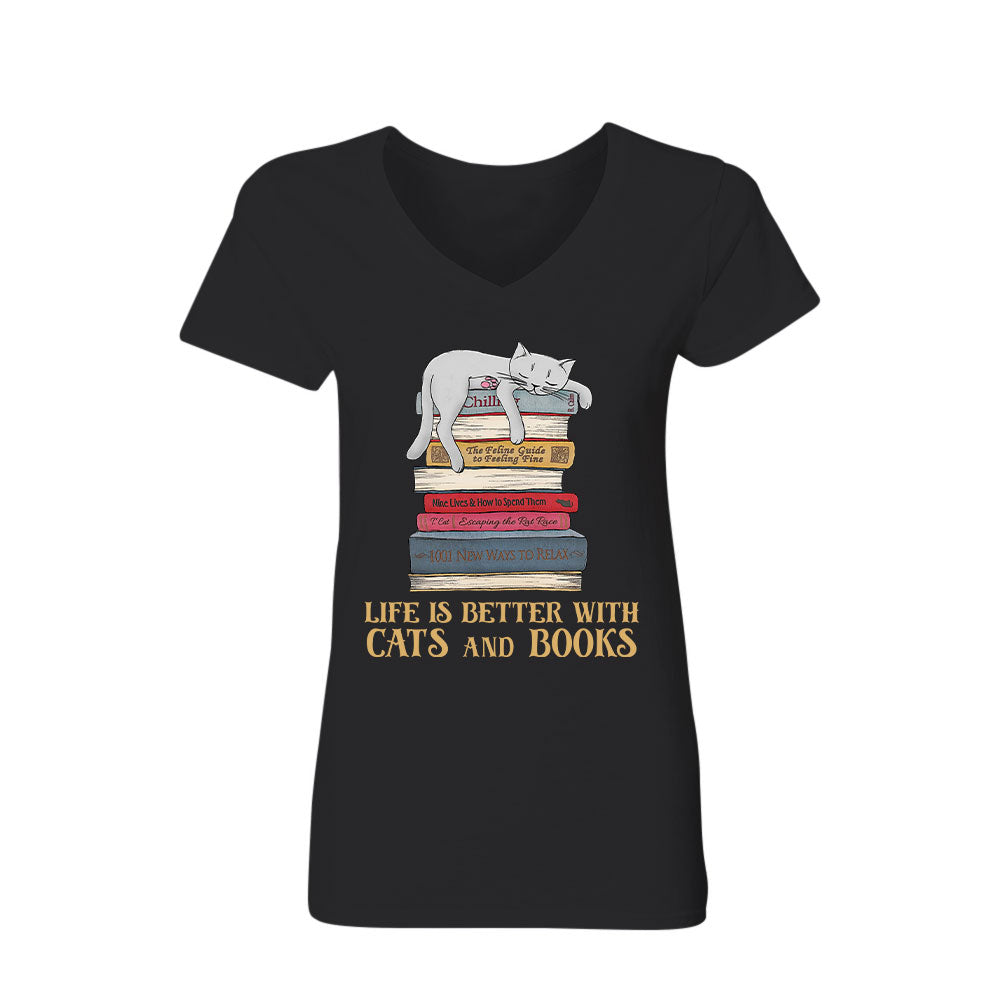 Life Is Better With Cats And Books Book Lovers Gift Women's V-neck T-shirt TSVB72
