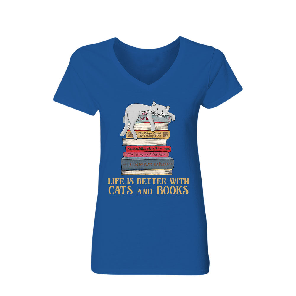 Life Is Better With Cats And Books Book Lovers Gift Women's V-neck T-shirt TSVB72