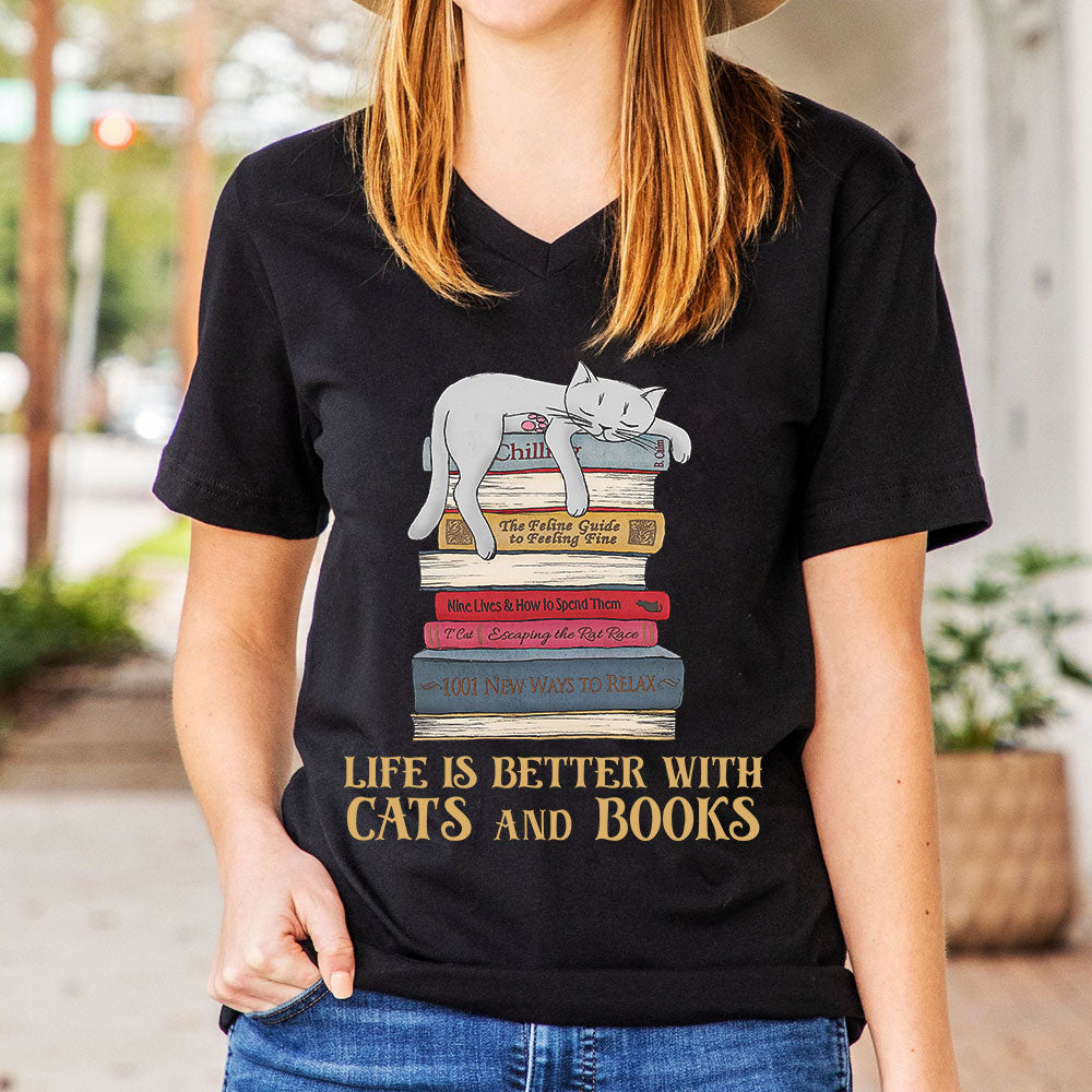Life Is Better With Cats And Books Book Lovers Gift Women's V-neck T-shirt TSVB72