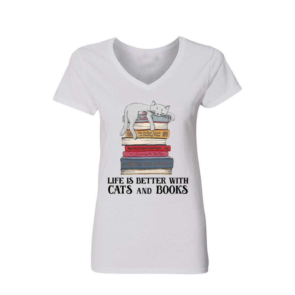 Life Is Better With Cats And Books Book Lovers Gift Women's V-neck T-shirt TSVW71