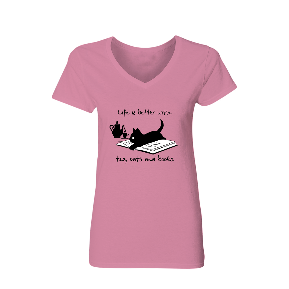 Life Is Better With Tea, Cats And Books Book Lovers Gift Women's V-neck T-shirt TSVW35