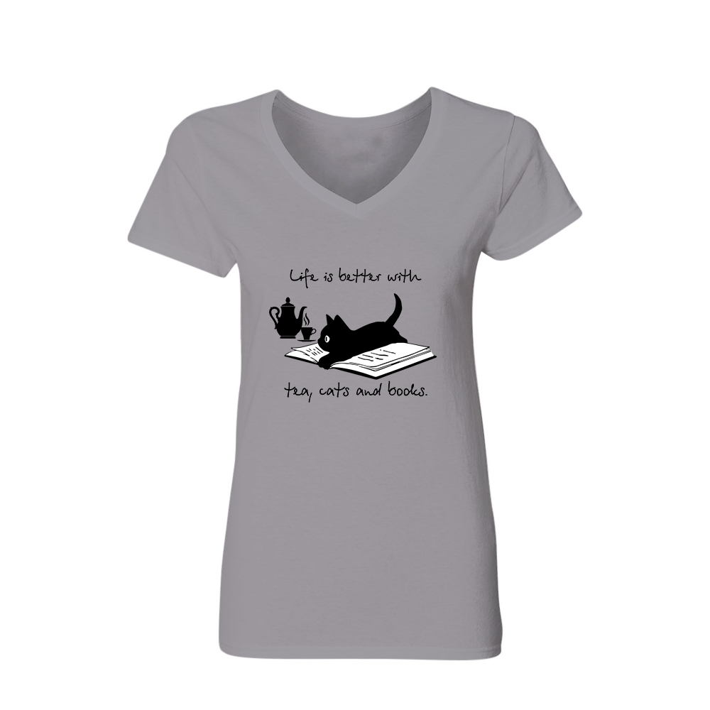 Life Is Better With Tea, Cats And Books Book Lovers Gift Women's V-neck T-shirt TSVW35