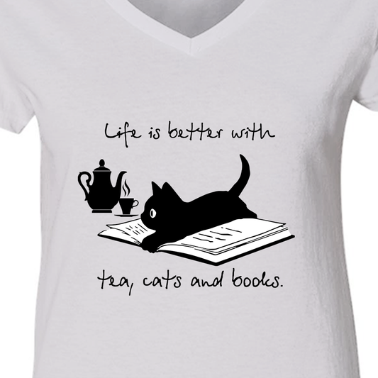 Life Is Better With Tea, Cats And Books Book Lovers Gift Women's V-neck T-shirt TSVW35