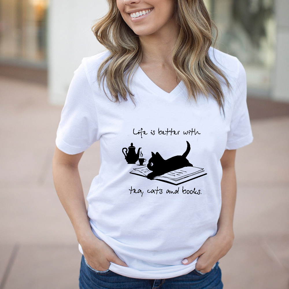 Life Is Better With Tea, Cats And Books Book Lovers Gift Women's V-neck T-shirt TSVW35