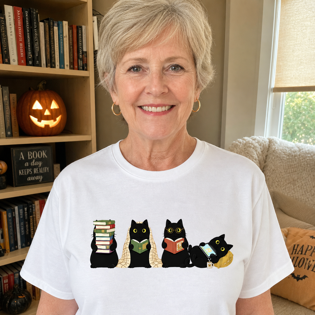 Meow Reading Black Cat  - Personalized 2D Unisex T-shirt