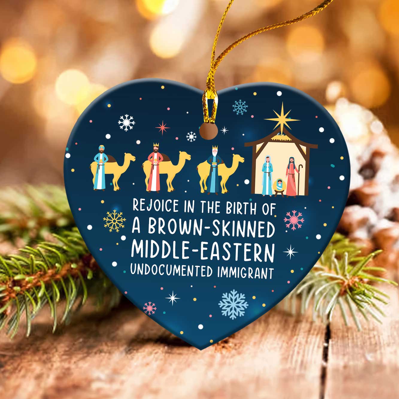 Rejoice In The Birth Of A Brown-Skinned Middle-Eastern Undocumented Immigrant Christmas Ornament Book Lovers Gift ORN74