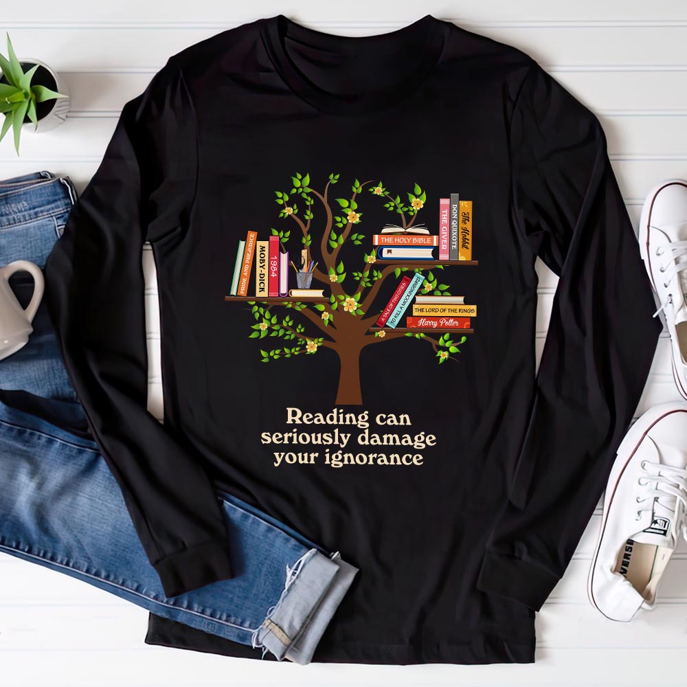 Custom Bookshelf Reading Can Seriously Damage Your Ignorance Book Lovers Gift LSBH80