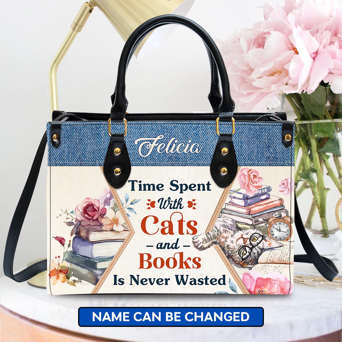 Time Spent With Books And Cats Is Never Wasted Leather Handbag Book Lovers Gift LHB79