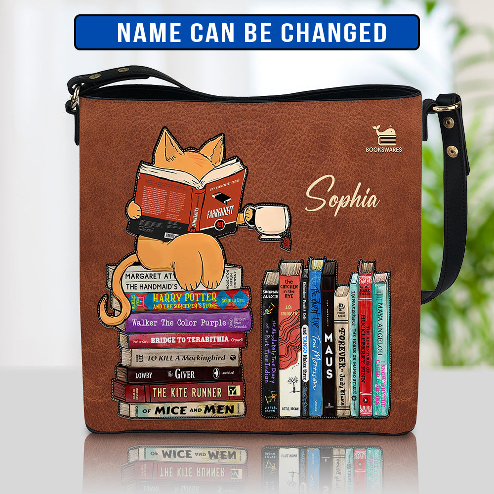 Cat Reads Banned Books Leather Brown Bucket Bag Book Lovers Gift LBM03