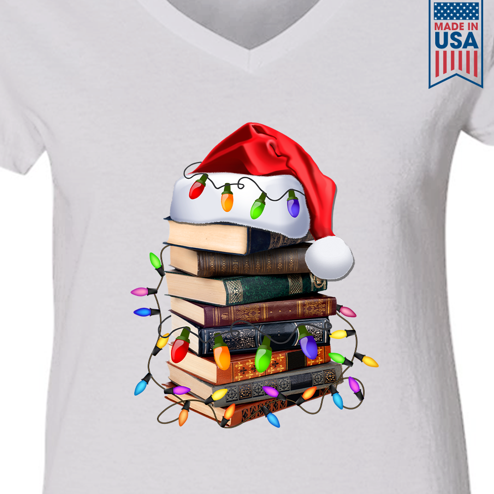 Christmas Books Hat Book Lovers Gift Women's V-neck T-shirt TSVW261