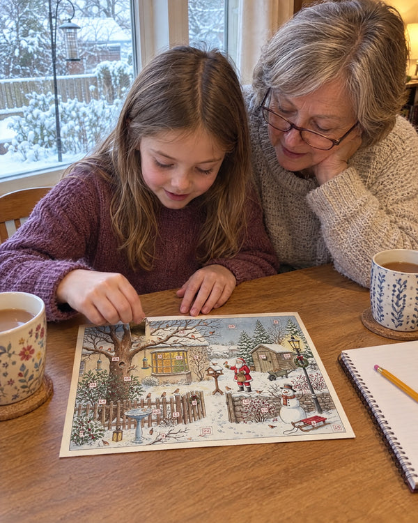 Grandma keeps the tally — Winter Birds advent calendar card at home