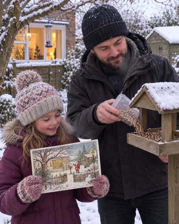 Feeding the real ones too — Winter Birds advent calendar card at home
