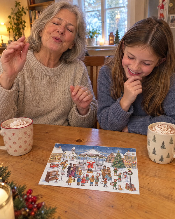 Grandma hums, she guesses — Guess the Christmas Carol advent calendar card at home