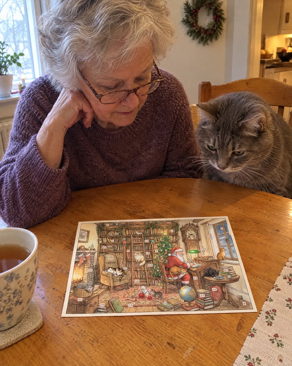 Breakfast with Grandma — Literary Cats advent calendar card at home