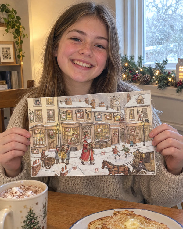 Before the school bus — Dickensian Christmas advent calendar card at home