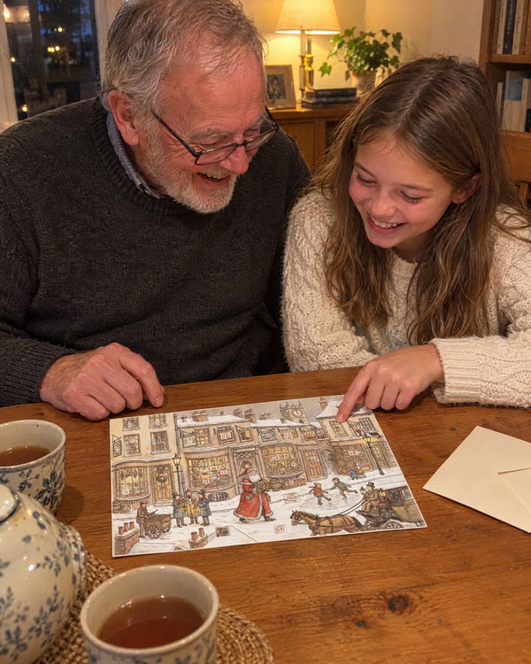 Grandpa vs. granddaughter — Dickensian Christmas advent calendar card at home