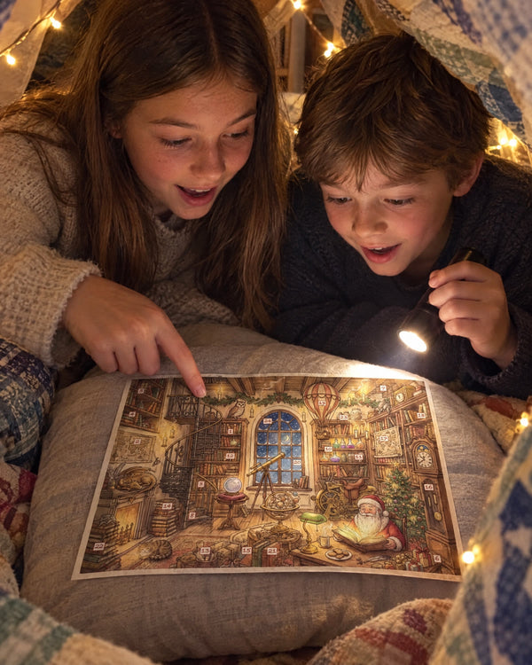 Blanket-fort expedition — The Fantastic Library advent calendar card at home