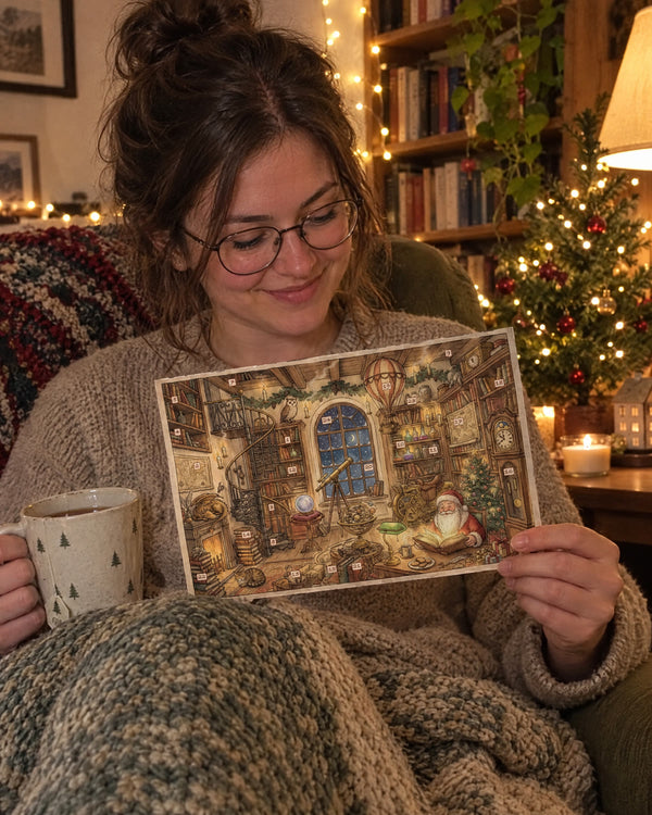 Tea, blanket, other worlds — The Fantastic Library advent calendar card at home