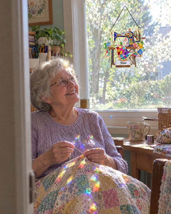 Rainbows on Nana’s quilt — Elegant Floral Sewing Machine suncatcher at home