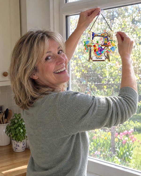 Up it goes — Elegant Floral Sewing Machine suncatcher at home