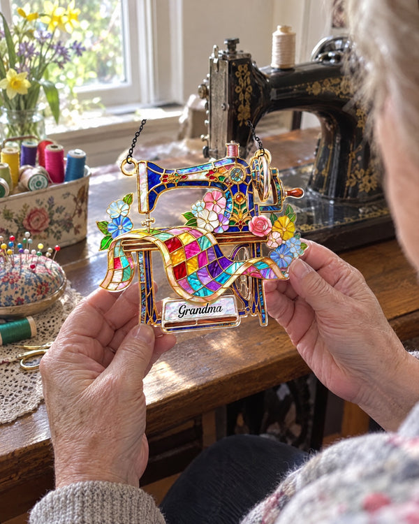 In front of the real thing — Elegant Floral Sewing Machine suncatcher at home