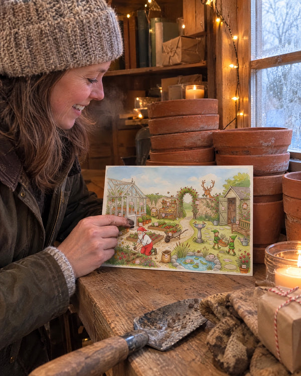 Shed office, December edition — Santa's Secret Garden advent calendar card at home