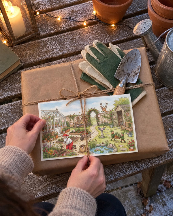 Wrapped for a gardener — Santa's Secret Garden advent calendar card at home
