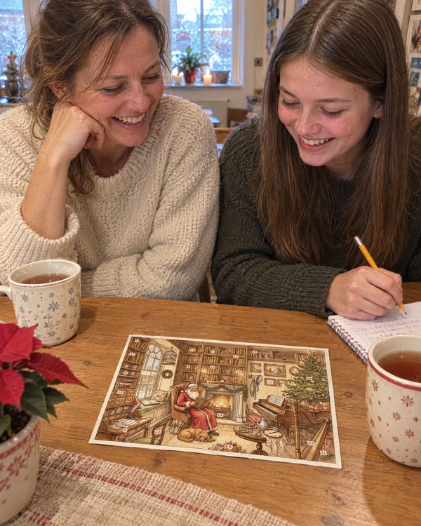 Mother & daughter — The Heroines' Library advent calendar card at home