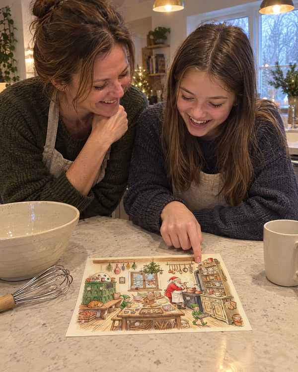 Our kitchen-island ritual — Santa's Christmas Kitchen advent calendar card at home