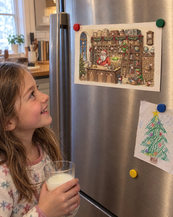 On the fridge — The Literary Lost & Found advent calendar card at home