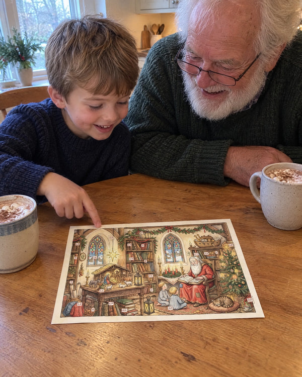 Grandpa knew this one — The Nativity Stories advent calendar card at home