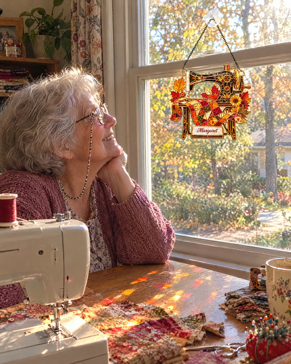 Right above her machine — Autumn Sewing stained glass suncatcher at home