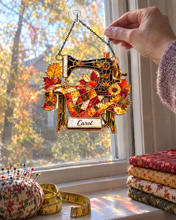 Afternoon sun in the sewing room — Autumn Sewing stained glass suncatcher at home