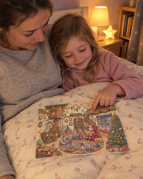One door before sleep — Santa's Storytime Bookshop advent calendar card at home