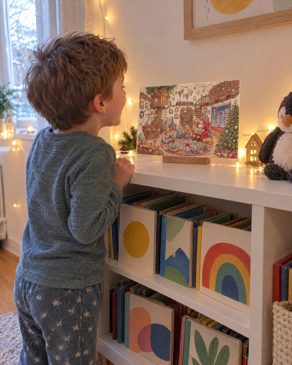 On tiptoe — Santa's Storytime Bookshop advent calendar card at home