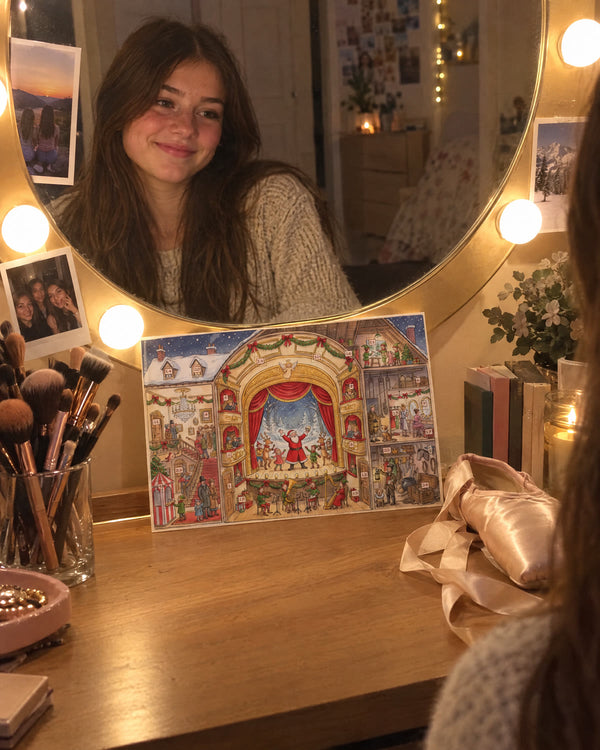 Dressing-room ritual — Santa's Christmas Theater advent calendar card at home