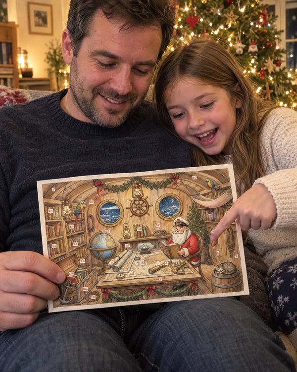 Story time on the sofa — The Voyager's Library advent calendar card at home