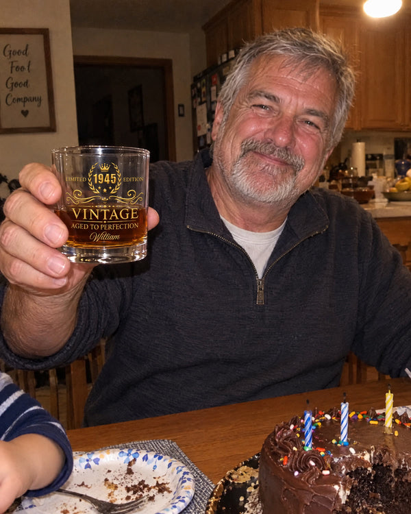 His birthday dinner — personalized Aged To Perfection whiskey glass